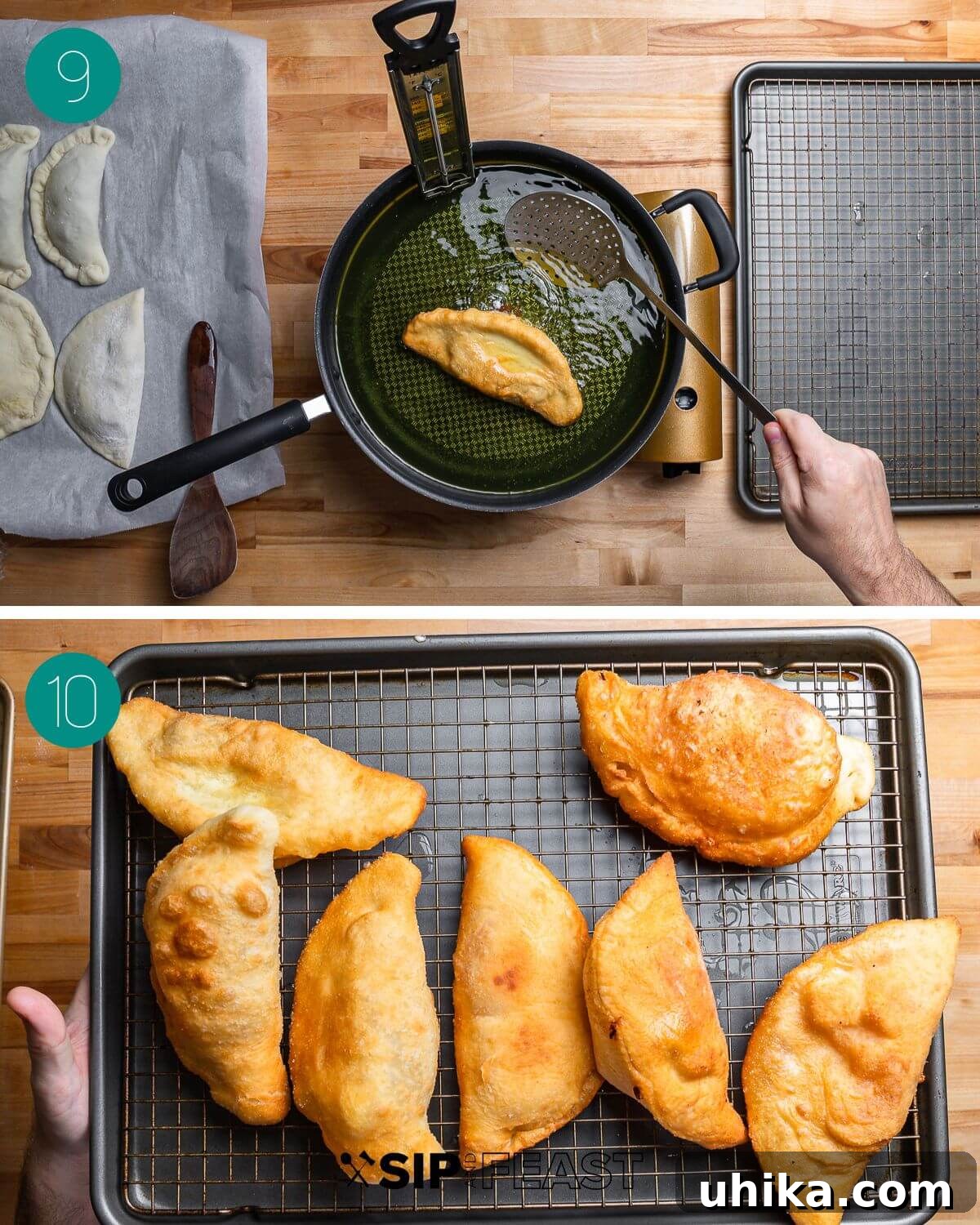 Crispy Italian Panzerotti 9 A final process shot collage showing fried panzerotti being removed from the oil and draining on a wire rack.