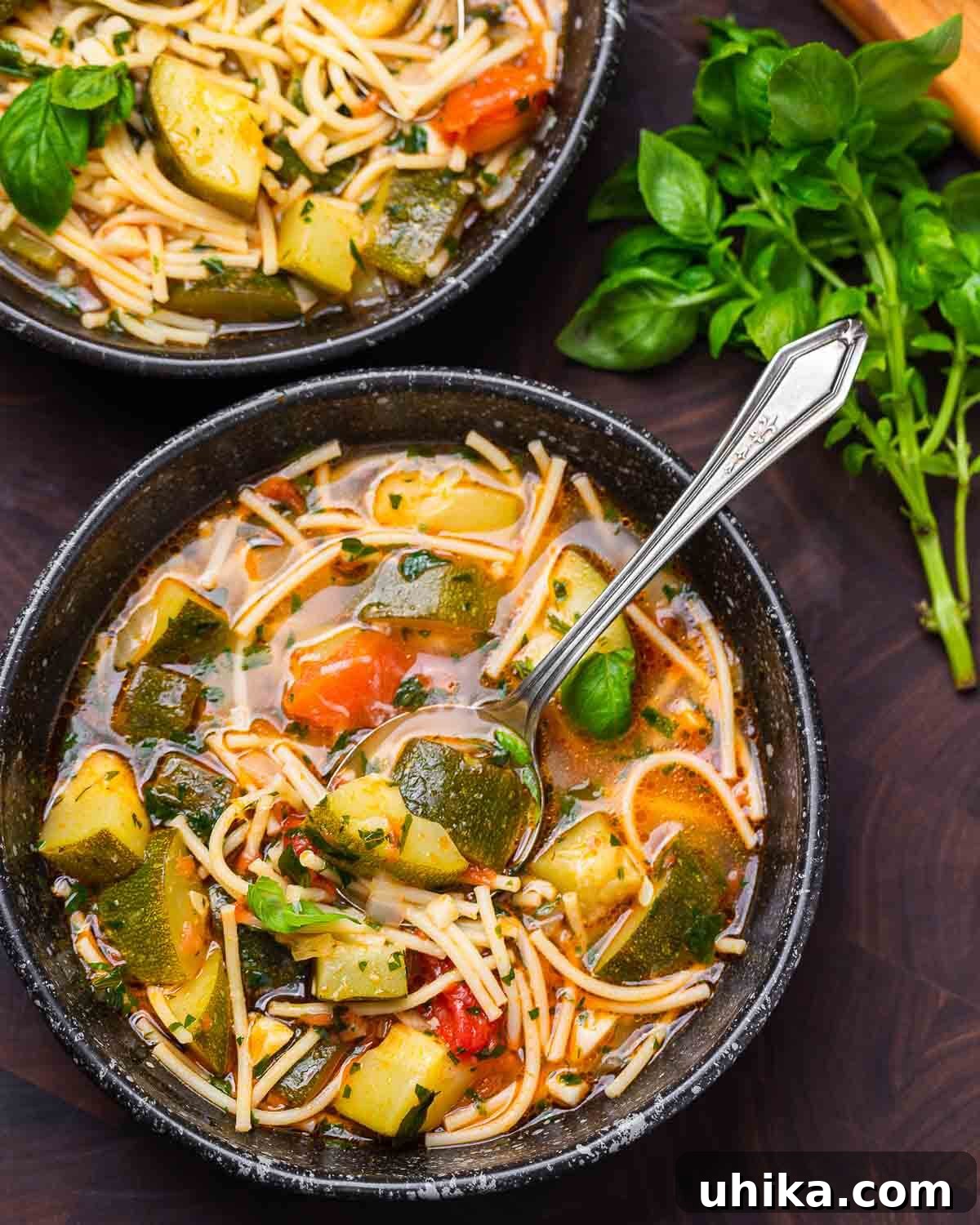 Sip and Feast Episode 1: The First Sip 3 A comforting bowl of Italian zucchini soup with broken spaghetti, garnished with fresh basil, ready to be enjoyed.