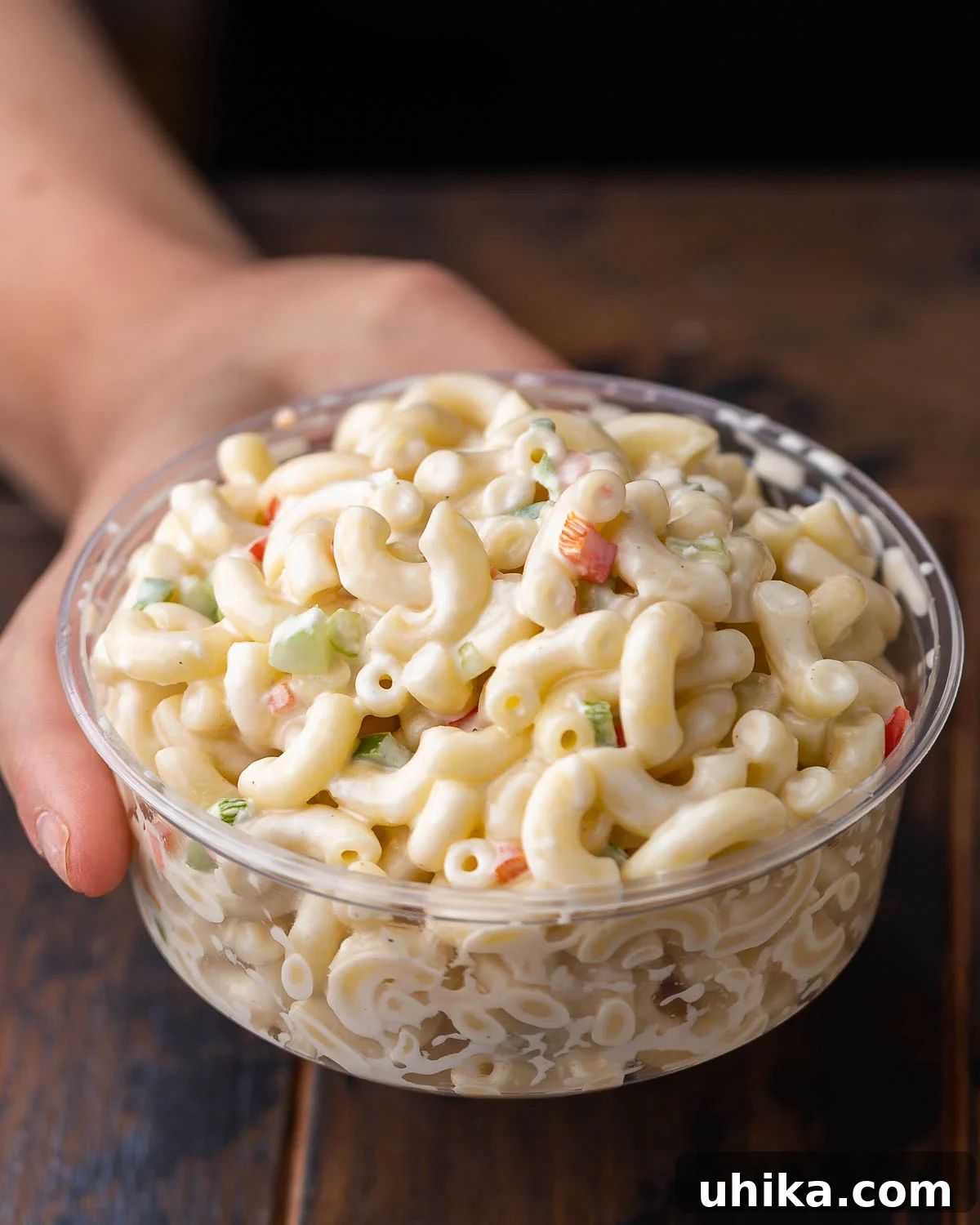 Hands holding container of homemade NY deli macaroni salad.