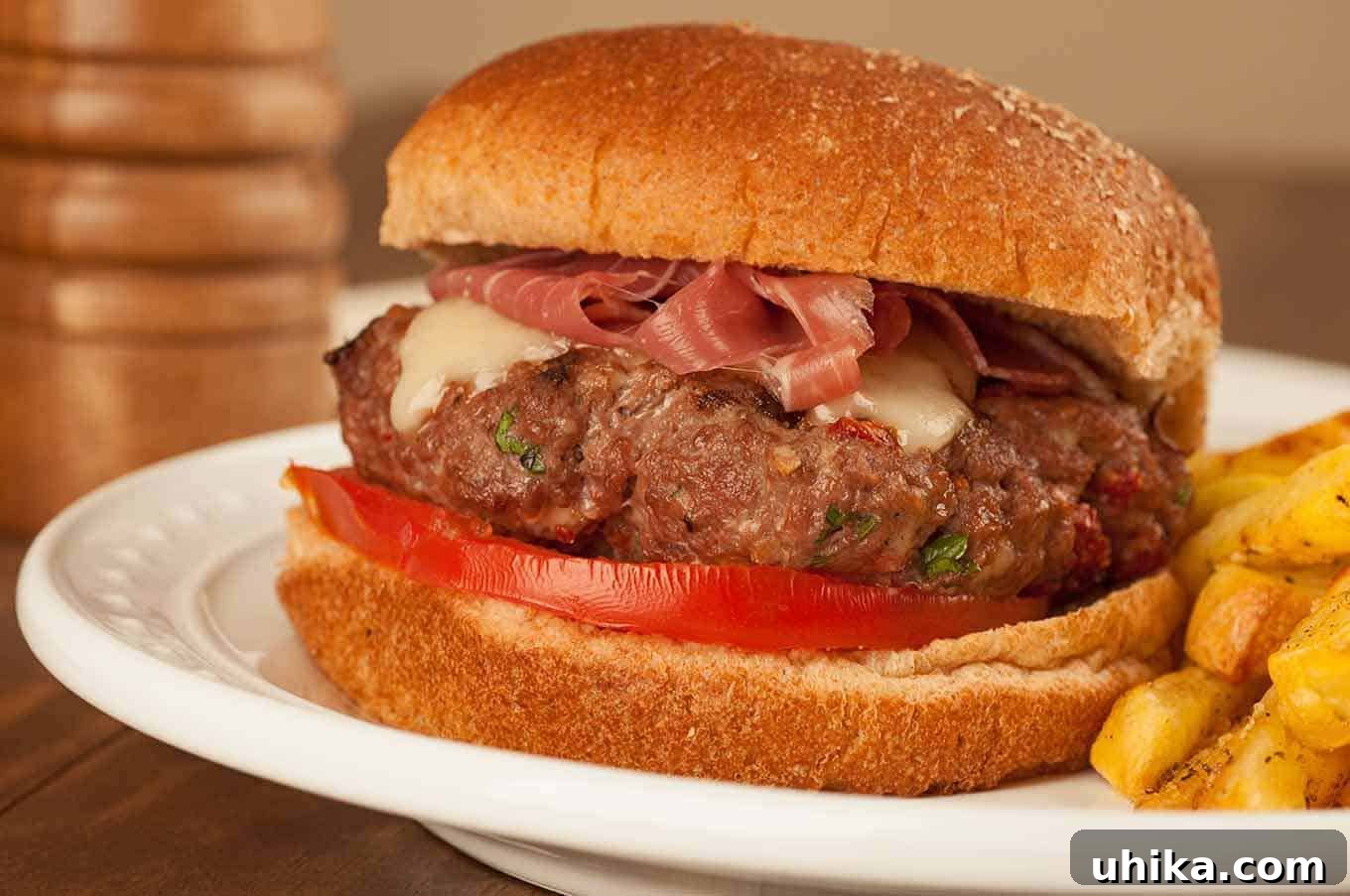 Gourmet Italian Prosciutto Burgers 2 Delicious Tuscan-style burger topped with melted fontina cheese and crispy prosciutto, served on a soft whole wheat bun with a fresh tomato slice. A side of seasoned potato wedges completes this gourmet meal.