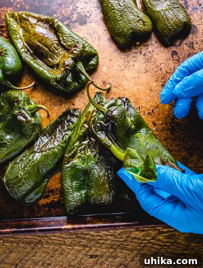Roasted Poblano Peppers and Stewed Butternut Squash Chili - The Ultimate Fall Comfort Food Roasted poblano peppers being peeled.