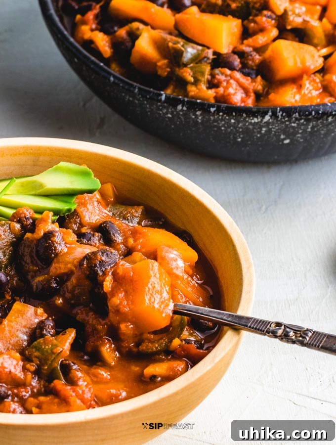 Roasted Poblano Peppers and Stewed Butternut Squash Chili - The Ultimate Fall Comfort Food Final closeup of the roasted poblano peppers with stewed butternut squash chili.