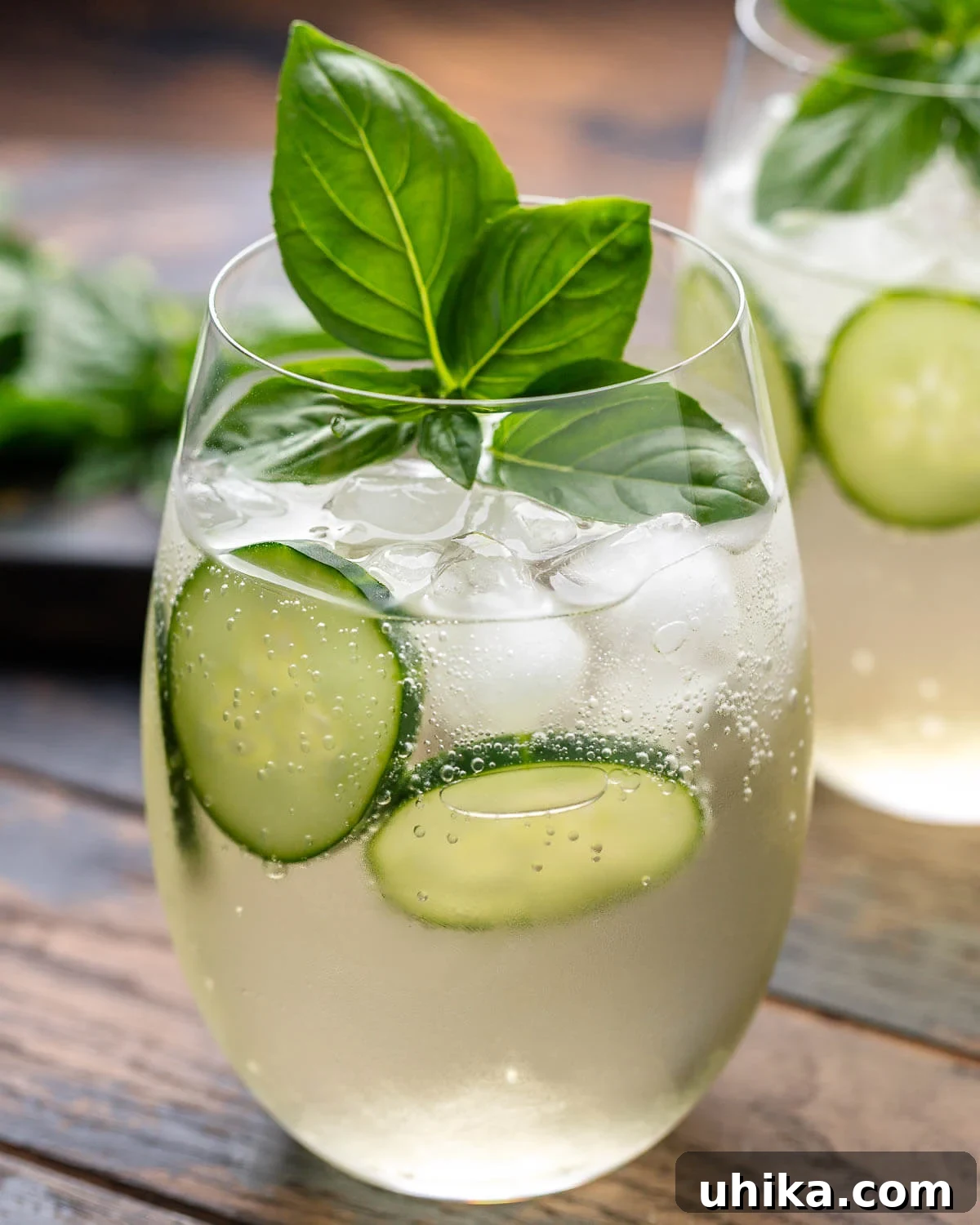 Effervescent Lillet Bliss 2 Closeup shot of Lillet Spritz with fresh basil and cucumber slices on a rustic wood table, highlighting its refreshing appeal.