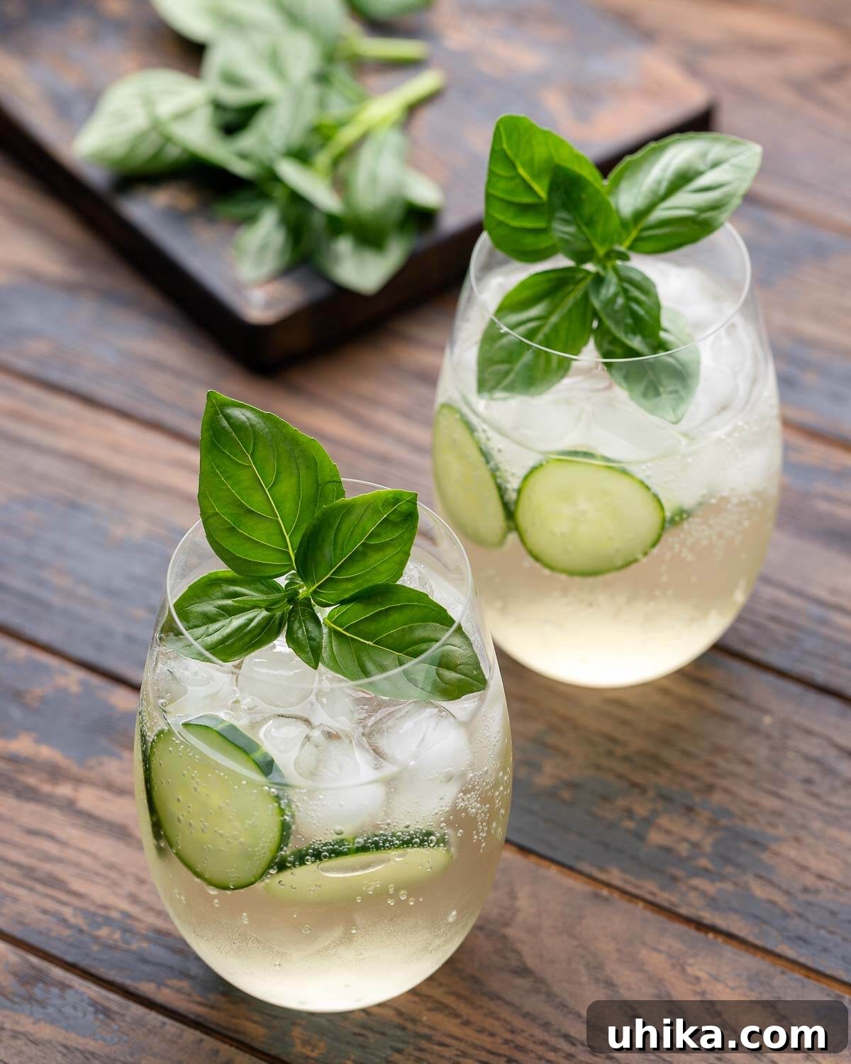 Effervescent Lillet Bliss 5 Two perfectly prepared Lillet Spritz cocktails, garnished with fresh basil and cucumber slices, sitting on a wooden surface, ready to be enjoyed.