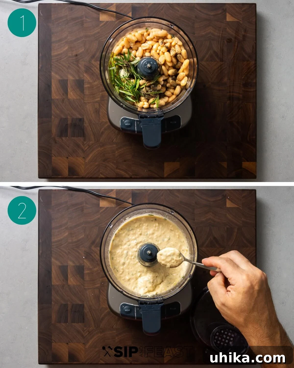 A collage showing the simple process of making cannellini bean dip: first, ingredients are added to a food processor, then blended into a smooth dip, ready for serving.