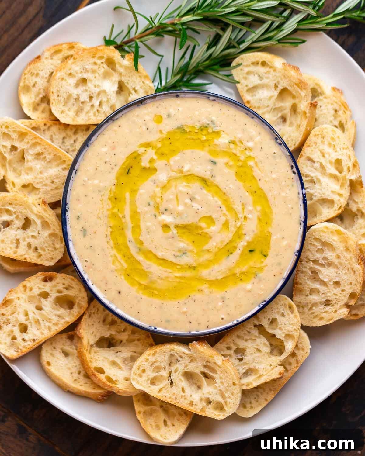 An overhead shot of a vibrant platter featuring creamy cannellini bean dip, garnished with fresh rosemary and served alongside crunchy crostini, perfect for sharing.