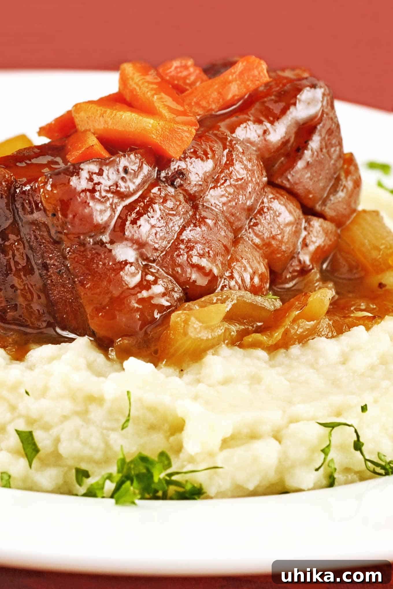 Slow-Braised Cider Pork Belly 2 A glorious serving of cider-braised pork belly, beautifully sliced and glazed, served atop a creamy cauliflower puree, garnished with sweet caramelized onions, tender oven-roasted carrots, and fresh parsley sprigs.