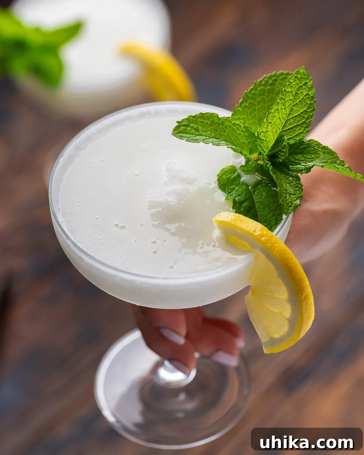 Sparkling Lemon Sorbetto 2 A hand holding a frosty Sgroppino cocktail garnished with fresh mint.