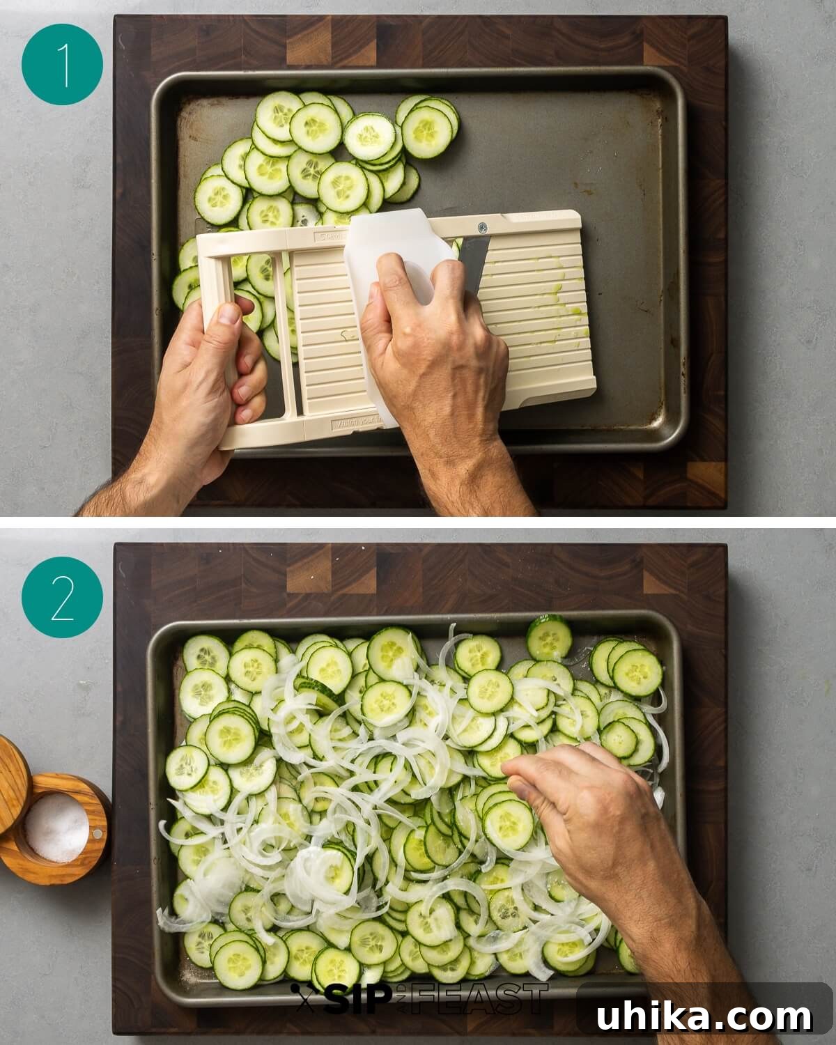 Crisp Cucumber Cool-down 4 Cucumber salad recipe process shot collage group number one showing slicing and seasoning.