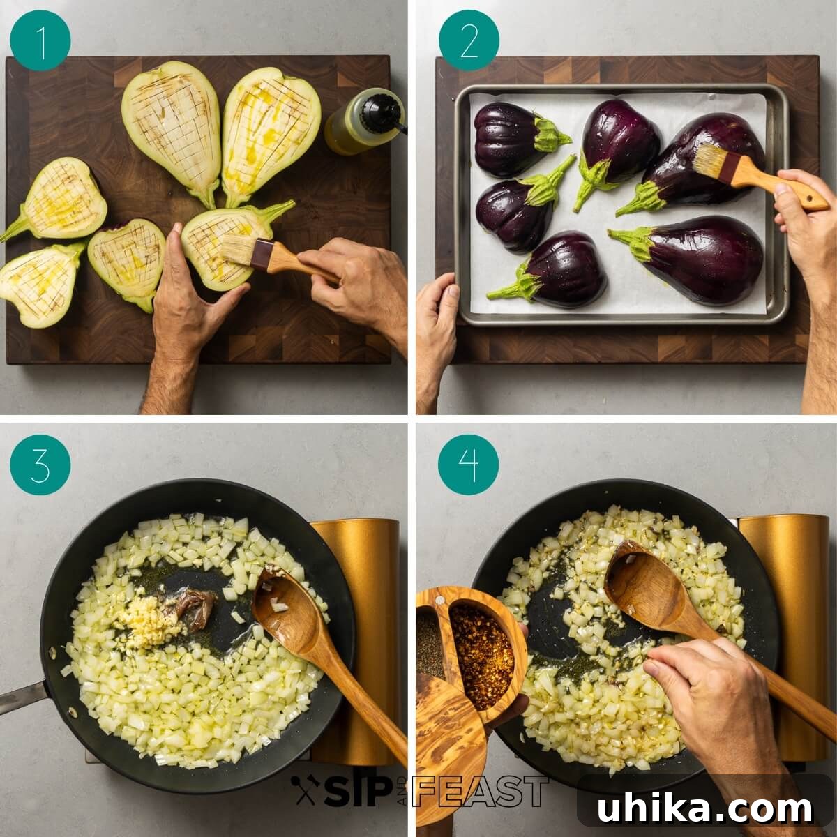 Hearty Stuffed Eggplant Boats 4 Stuffed eggplant process shot collage showing preparation, mixing, and final stuffing steps.