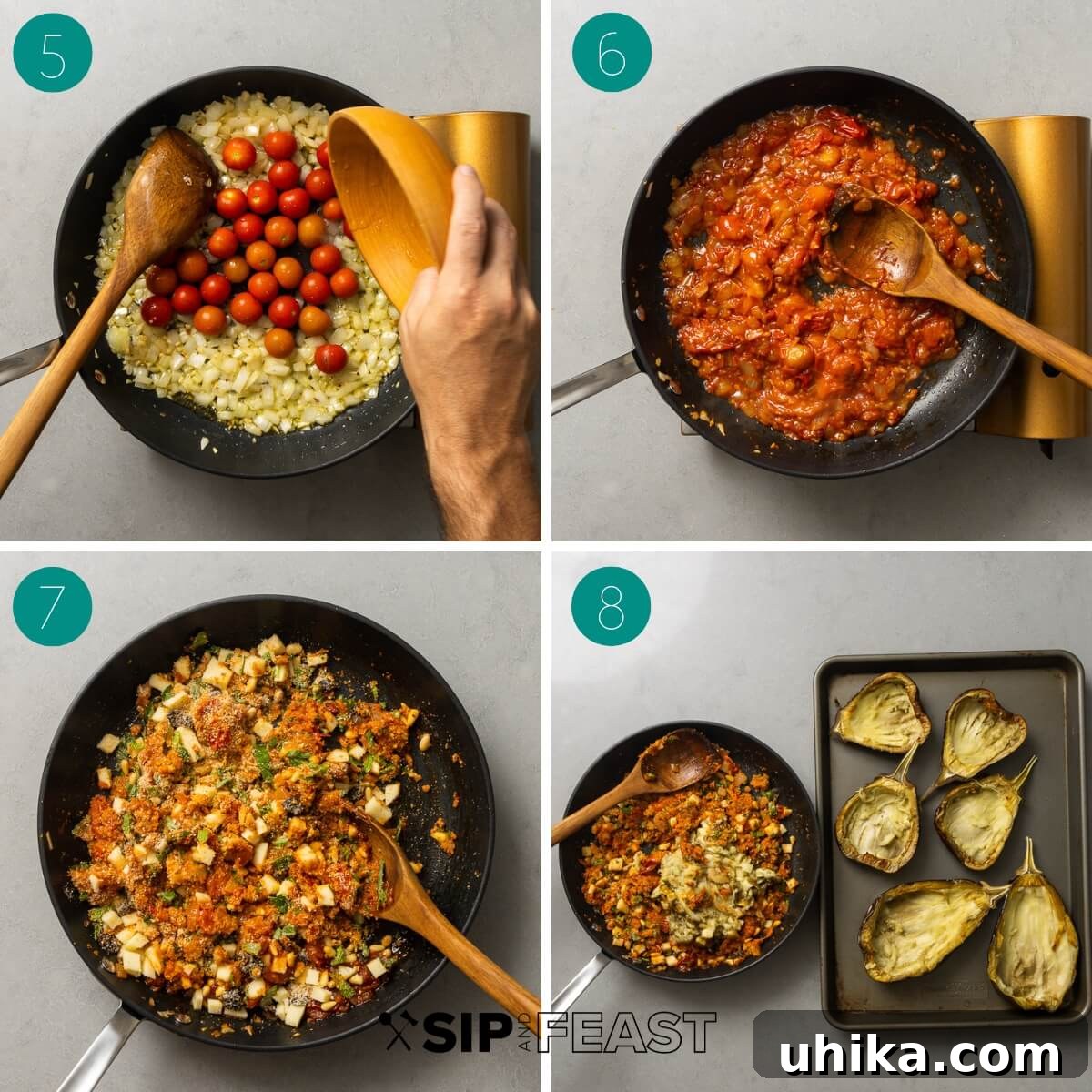 Hearty Stuffed Eggplant Boats 5 Recipe process shot collage showing sautéing aromatics and tomato sauce preparation.