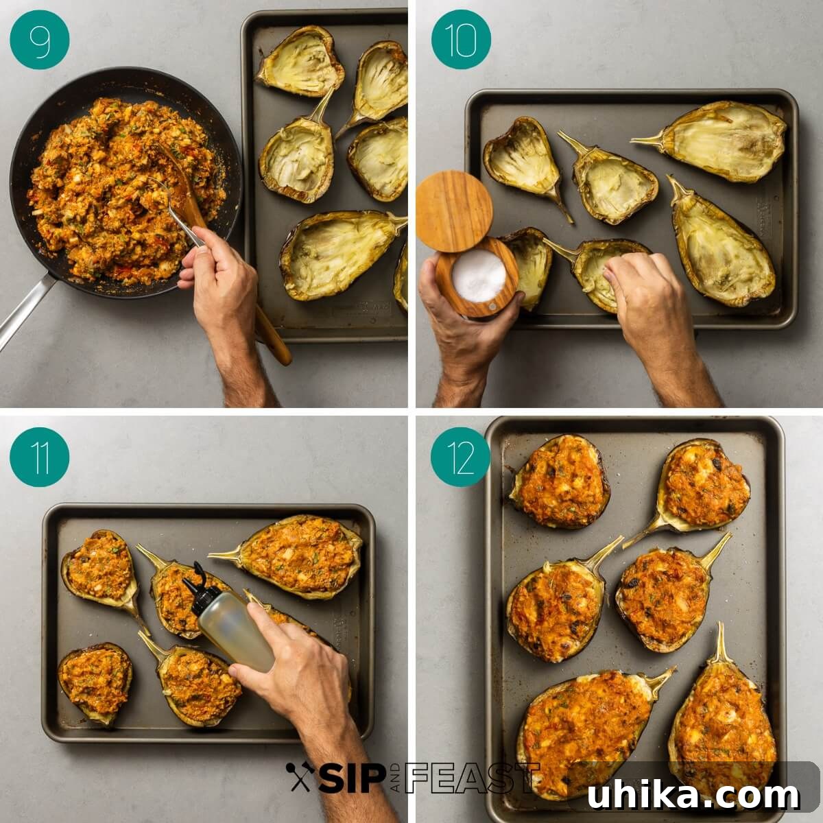 Hearty Stuffed Eggplant Boats 6 Recipe process shot collage showing the stuffing being prepared and filled into eggplant shells.