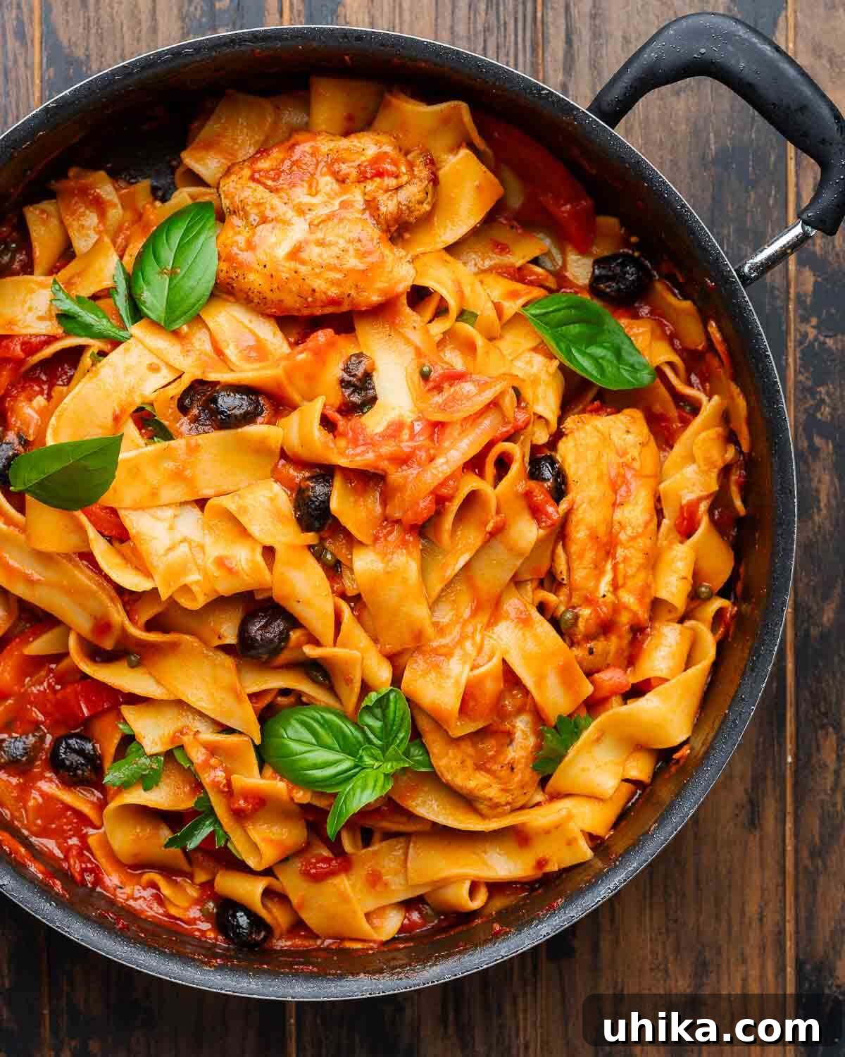 Rustic Chicken Cacciatore Pasta 2 Closeup shot of large pan with chicken cacciatore pasta and basil garnish.