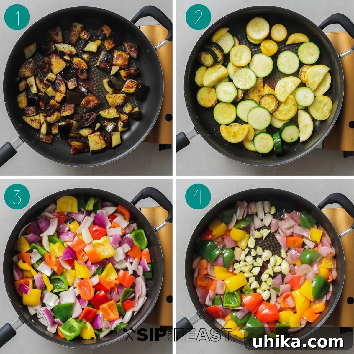 A collage of process shots showing the initial steps of making Ratatouille, including cubing eggplant and slicing zucchini, then browning them in a Dutch oven.