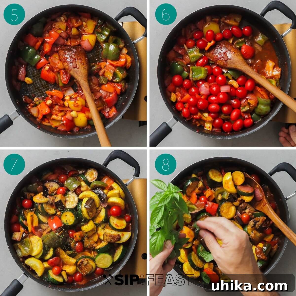 A collage of process shots illustrating the later stages of Ratatouille preparation, such as sautéing onions and peppers, adding garlic and tomato paste, and simmering with wine and tomatoes.