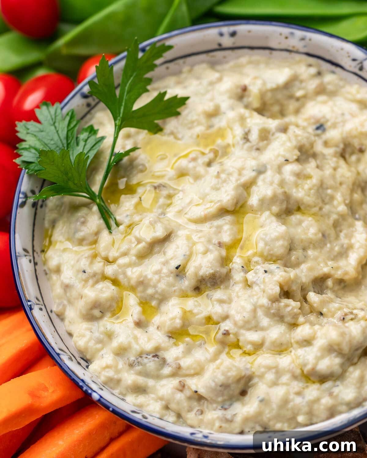 Overhead shot of baba ganoush in white and blue bowl. A perfect blend of smoky eggplant, tahini, and lemon.