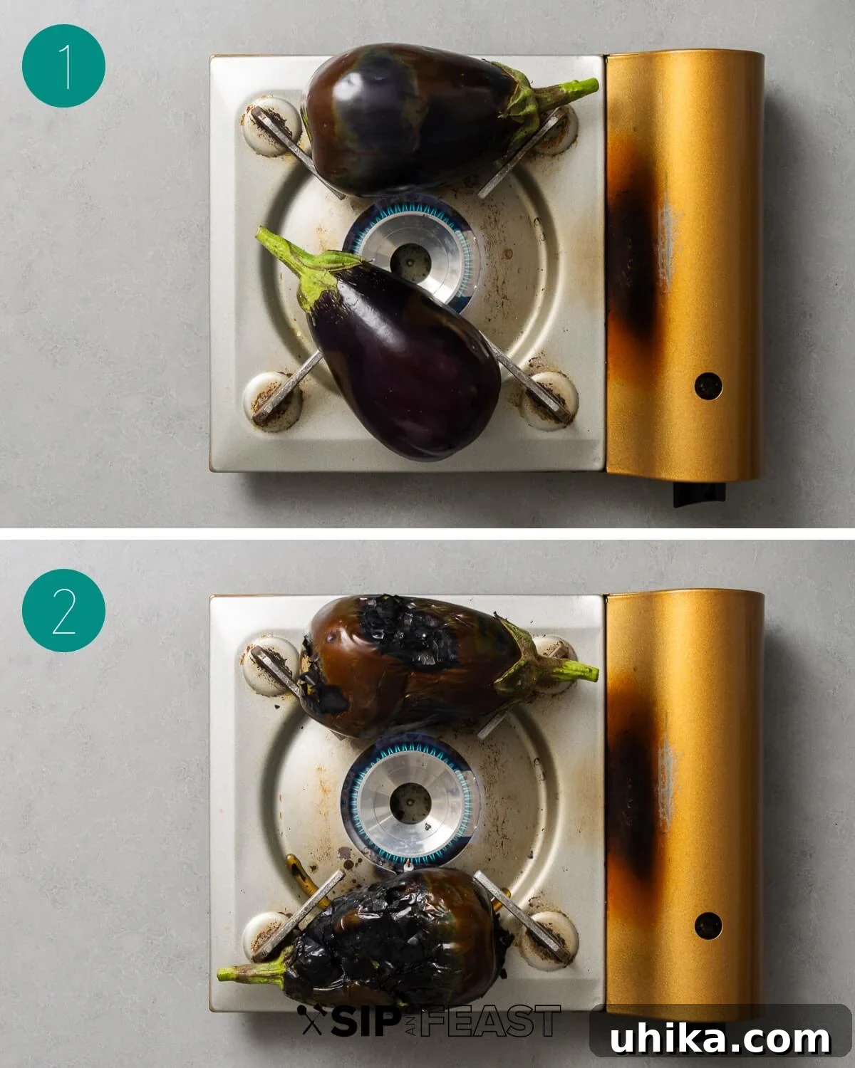 Baba ganoush recipe process shot collage group number one: Charring the eggplants on a gas burner.
