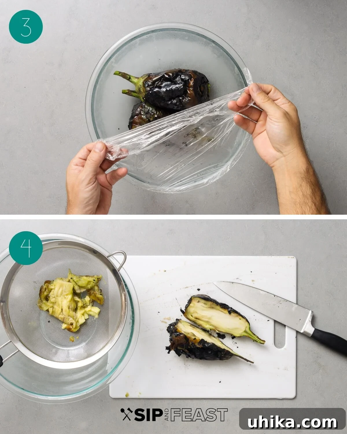 Recipe process shot collage group number two: Steaming the charred eggplants to loosen the skin.