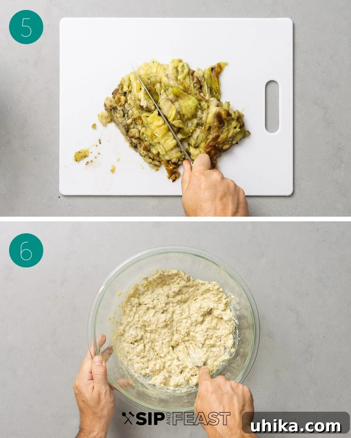 Recipe process shot collage group number three: Peeling eggplant and pressing out excess moisture.
