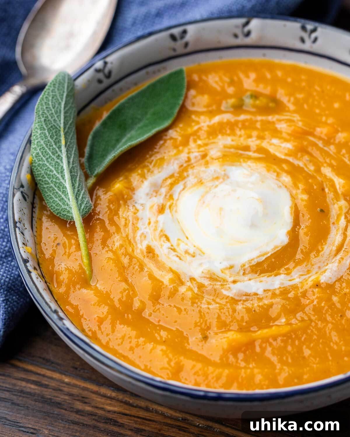 Silken Roasted Butternut Bliss 2 A beautifully presented bowl of creamy roasted butternut squash soup, garnished with fresh sage leaves, ready to be enjoyed.