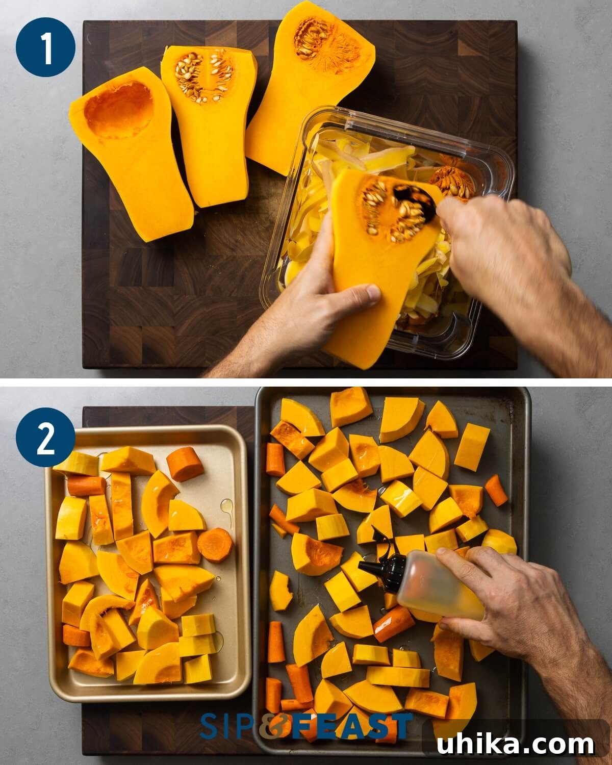 Silken Roasted Butternut Bliss 4 A visual guide showing the initial steps of preparing roasted butternut squash soup: peeled squash, chopped pieces, and carrots spread on a baking sheet.