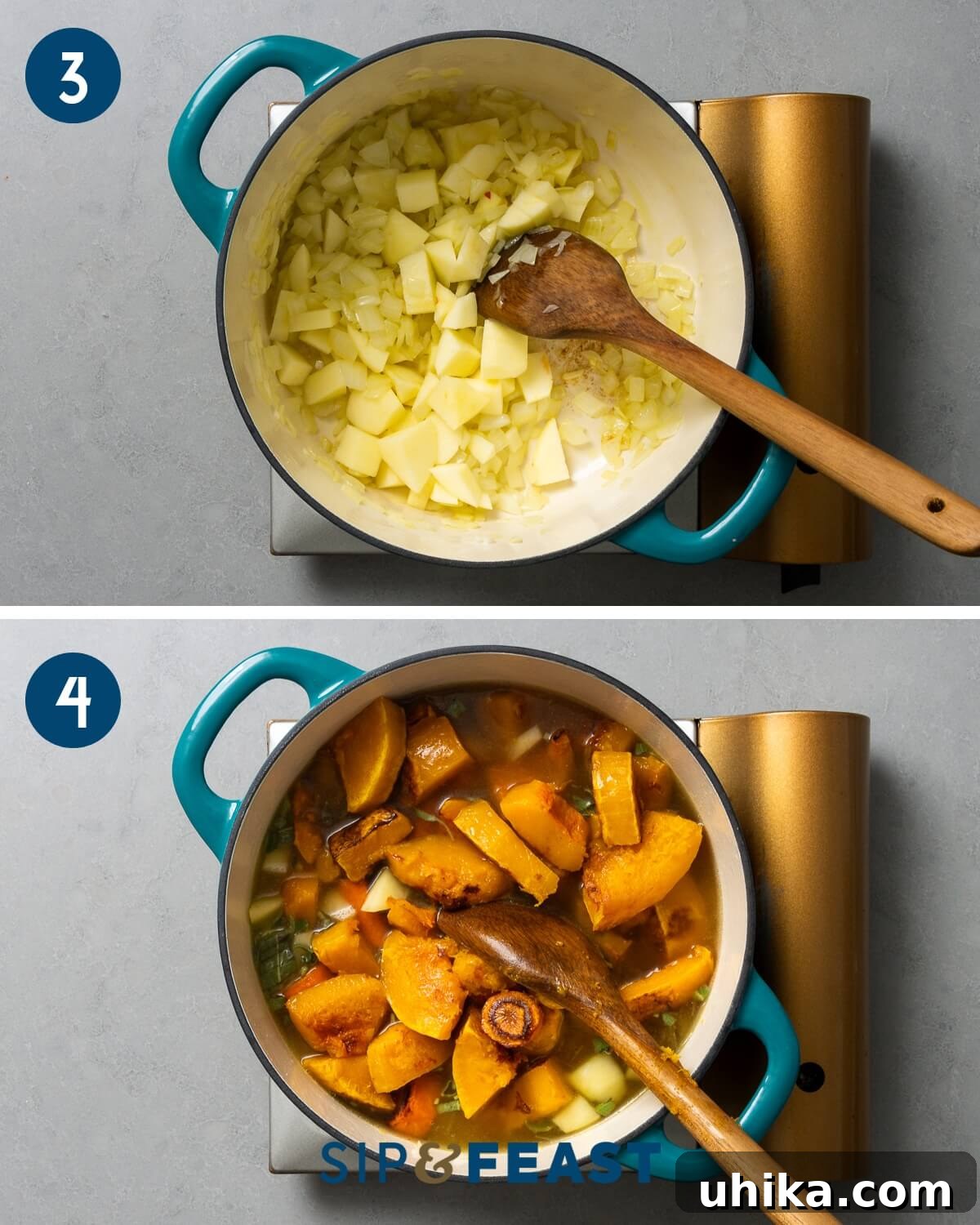 Silken Roasted Butternut Bliss 5 Step-by-step visuals for roasted butternut squash soup preparation: onions and apples sautéing in a Dutch oven, followed by all soup ingredients simmering on the stove.