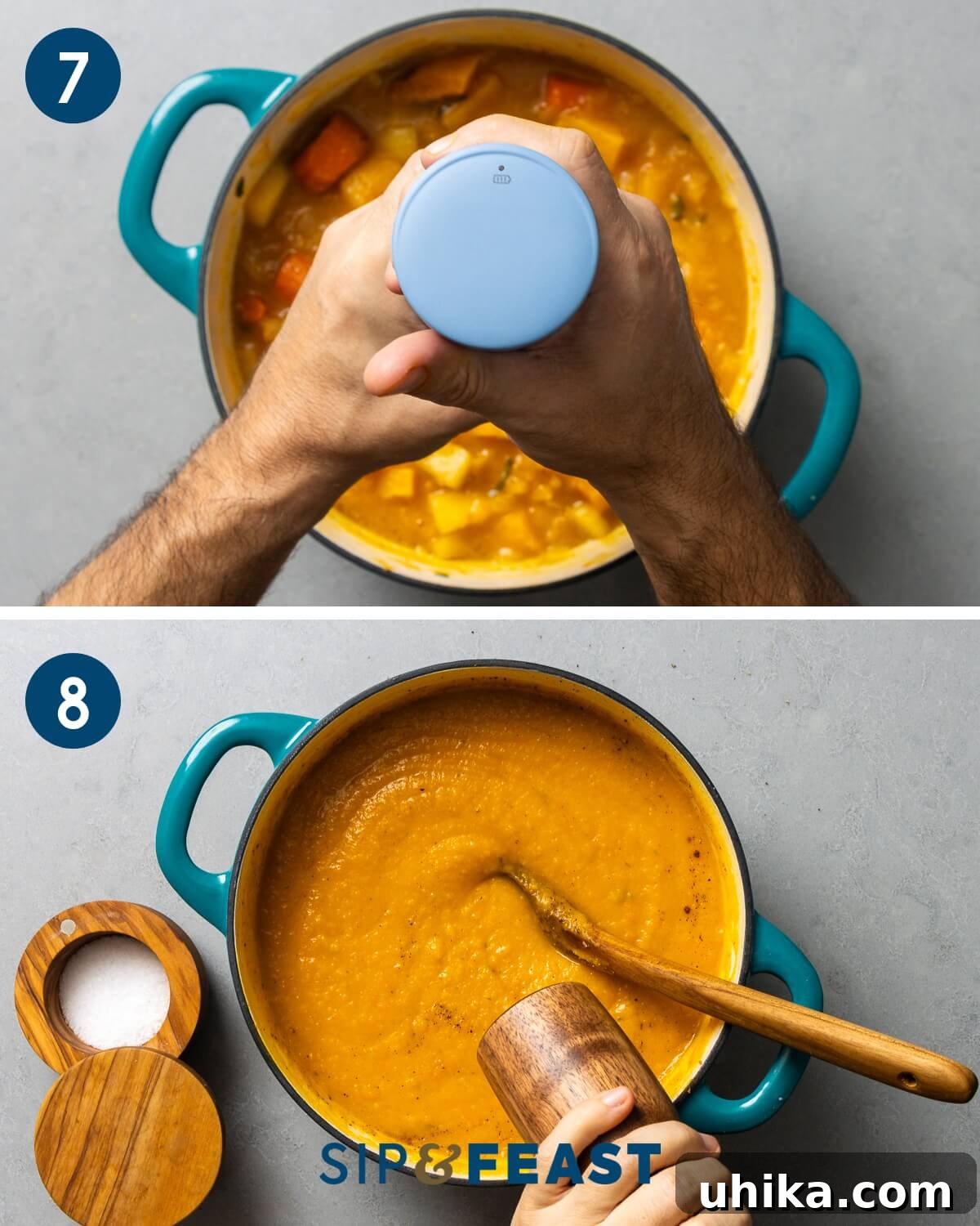 Silken Roasted Butternut Bliss 7 A visual series depicting the last steps of roasted butternut squash soup: using an immersion blender for smoothness and seasoning with salt and pepper.