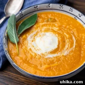 Silken Roasted Butternut Bliss 10 Roasted butternut squash soup in white and blue bowl with sage leave garnish for featured image.