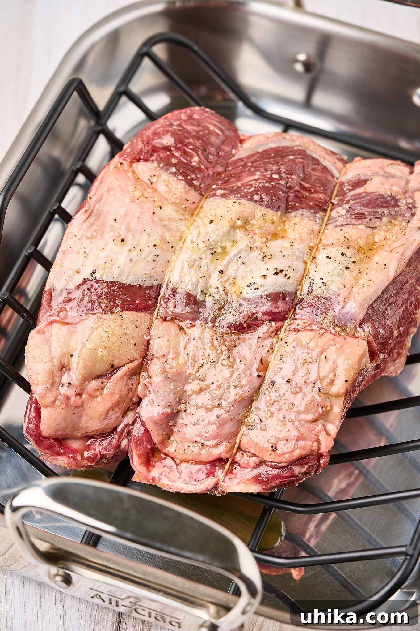 Mastering the Perfect Prime Rib 4 A generously seasoned and tied 3-bone prime rib roast placed on a rack within a sturdy stainless steel roasting pan, perfectly prepared and ready for the oven to begin its transformation.
