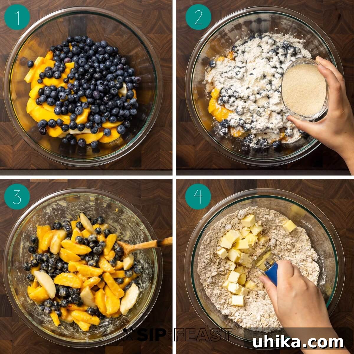 Sun-Kissed Peach and Blueberry Crumble 4 Blueberry peach crisp recipe process shot collage group number one, showing ingredients being mixed.