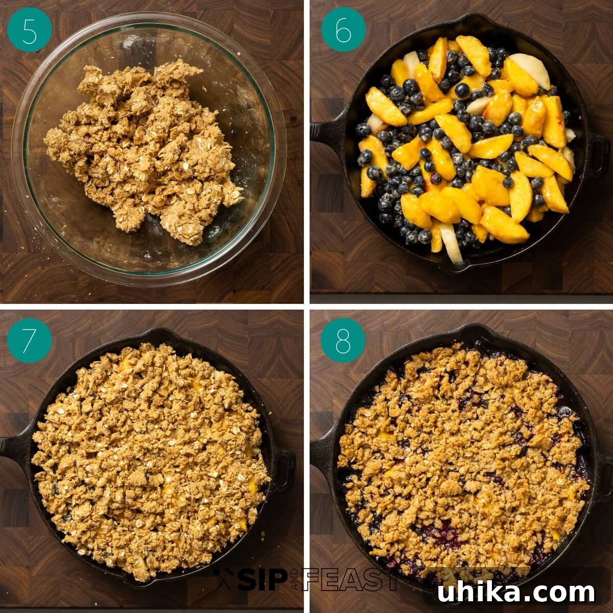 Sun-Kissed Peach and Blueberry Crumble 5 Recipe process shot collage group number two, showing fruit filling in pan and topping being added.