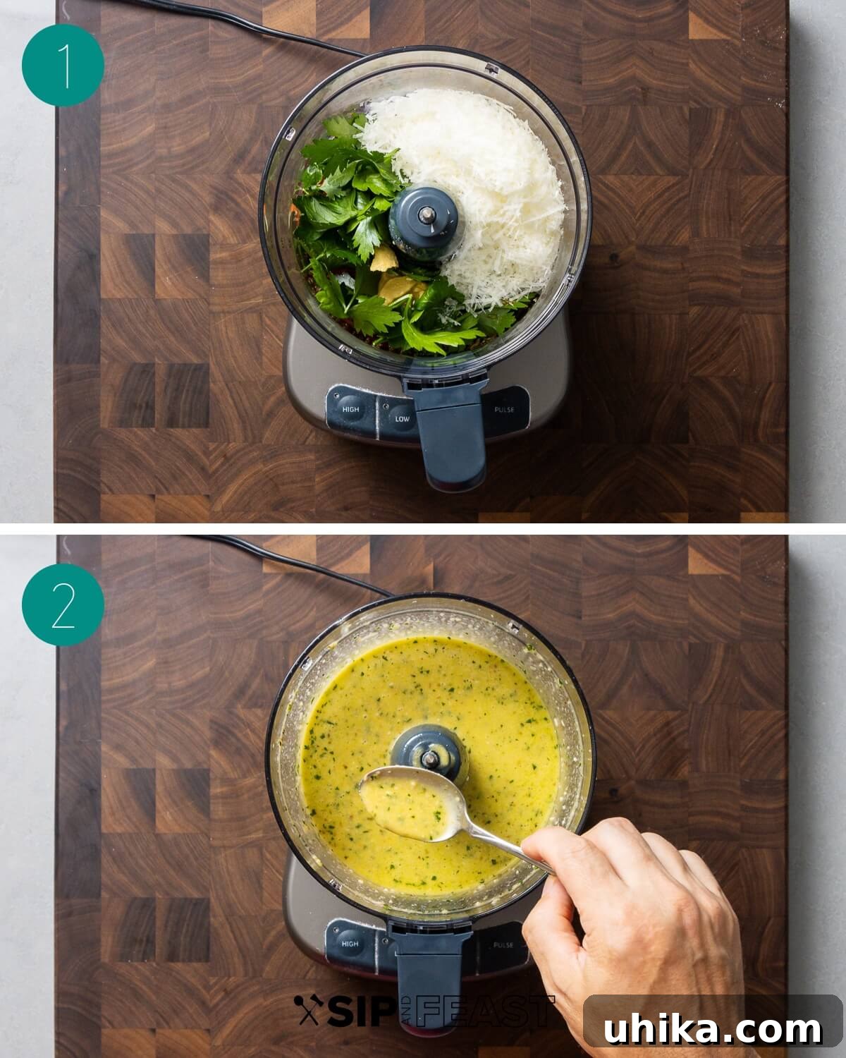 Zesty Italian Vinaigrette 4 Steps showing making Italian vinaigrette in food processor.