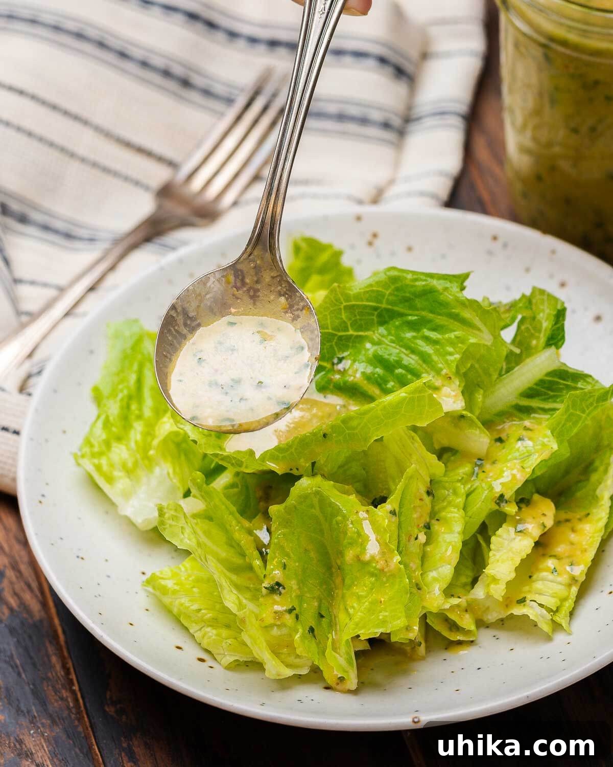 Zesty Italian Vinaigrette 5 Spoon drizzling Italian vinaigrette onto a plate of salad.