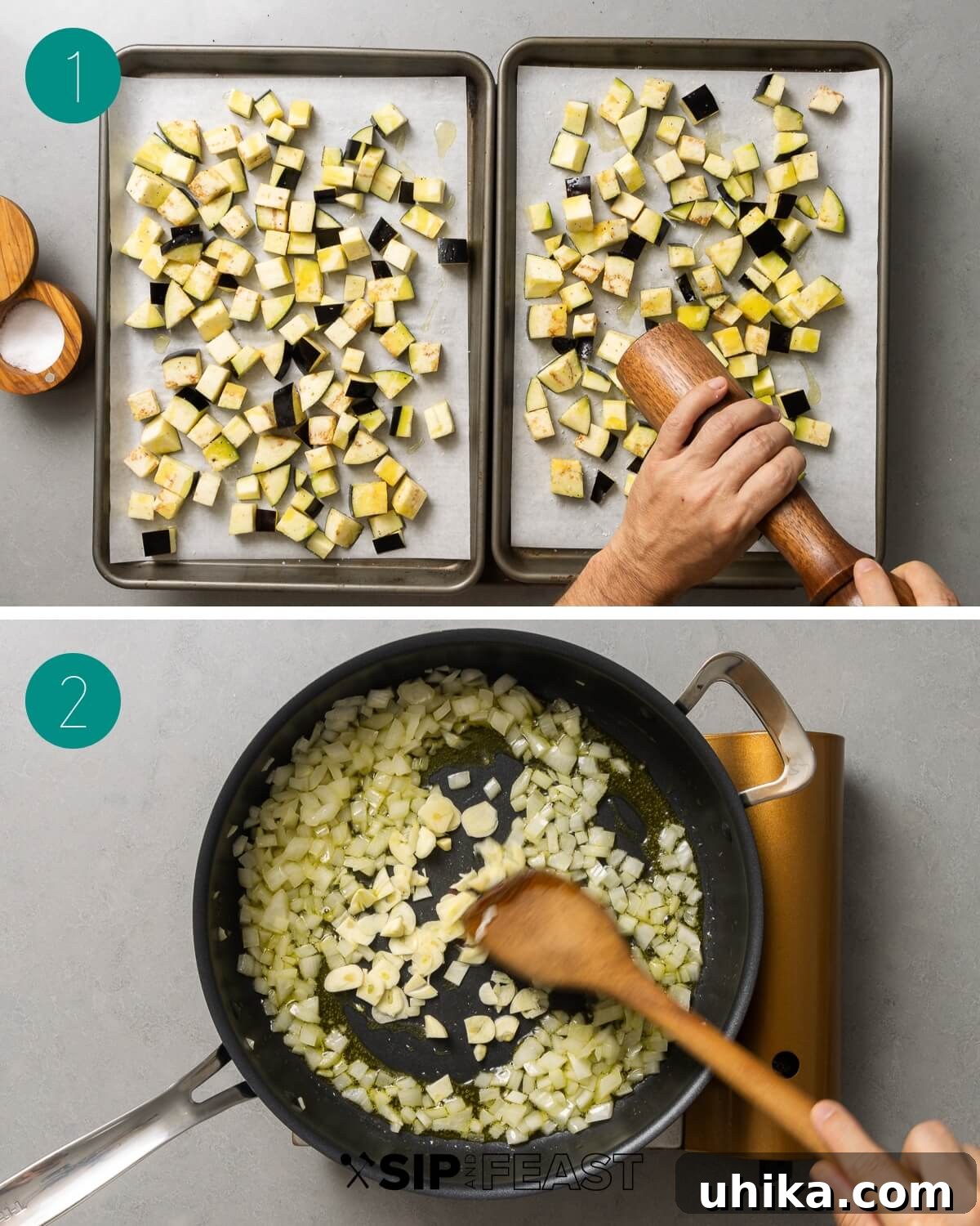 Roasted Eggplant Pasta Bake 4 Collage of process shots for baked eggplant pasta, showing eggplant being cubed, seasoned, and spread on a baking sheet.