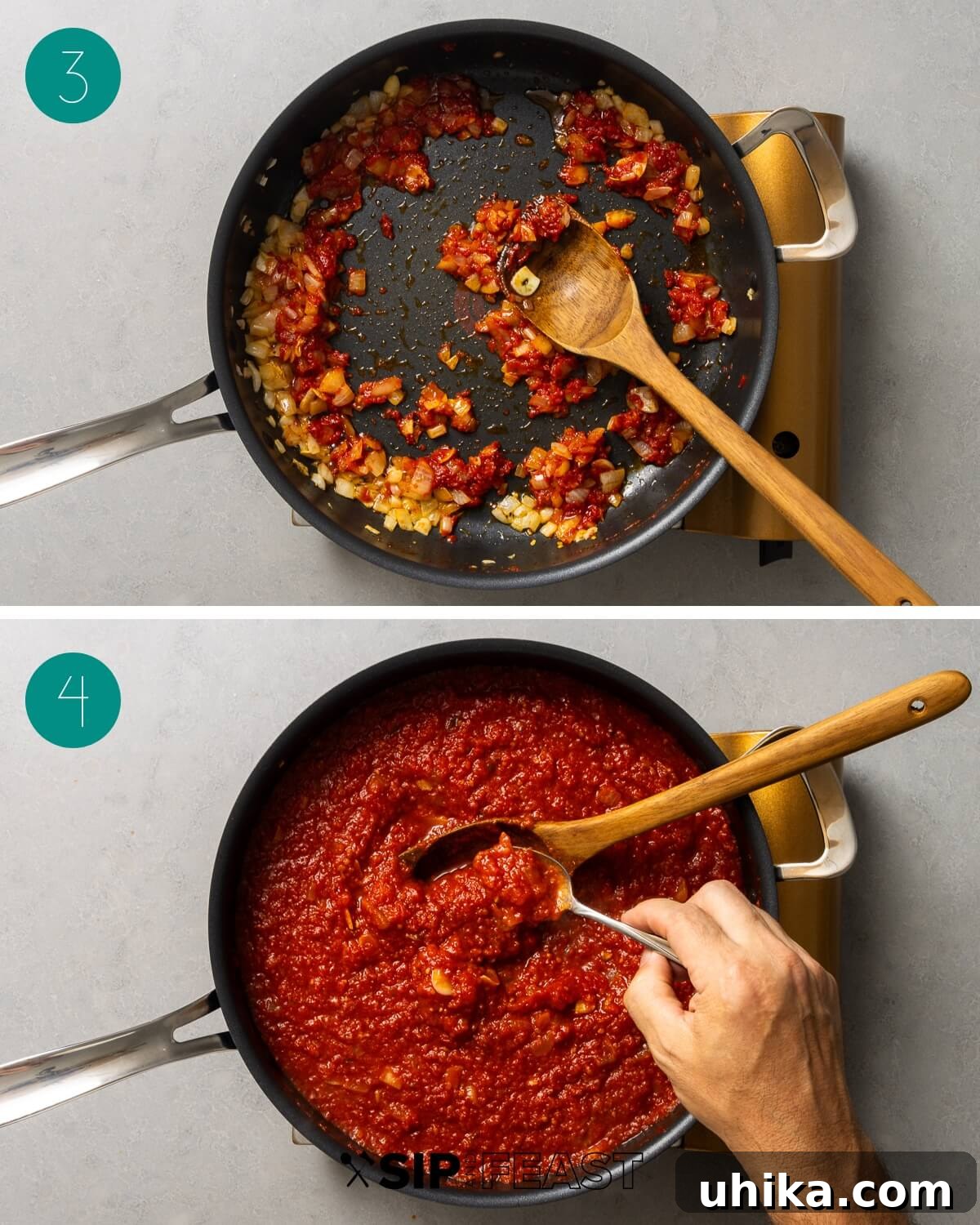 Roasted Eggplant Pasta Bake 5 Collage of process shots for baked eggplant pasta, showing onions and garlic cooking, then tomato paste added to the pan.