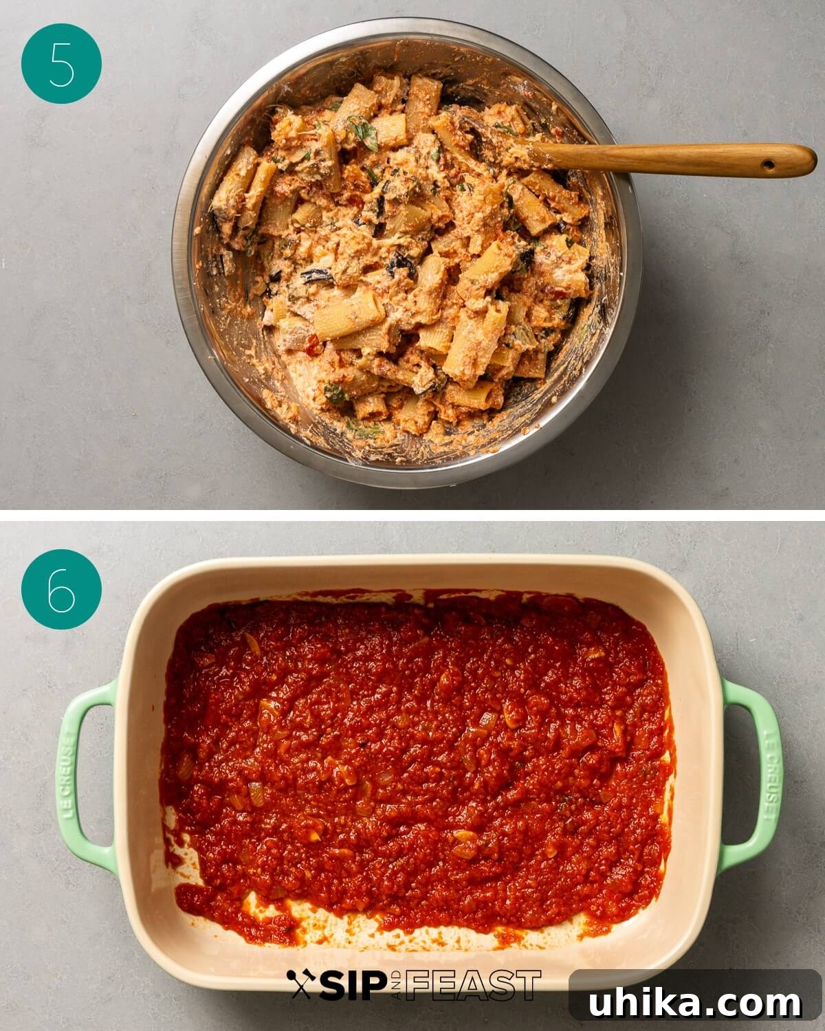 Roasted Eggplant Pasta Bake 6 Collage of process shots for baked eggplant pasta, showing cooked pasta being mixed with sauce and cheeses in a large bowl, then adding roasted eggplant.