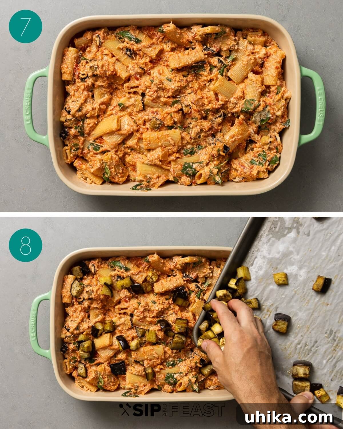 Roasted Eggplant Pasta Bake 7 Collage of process shots for baked eggplant pasta, showing the pasta mixture being poured into a baking dish coated with sauce.
