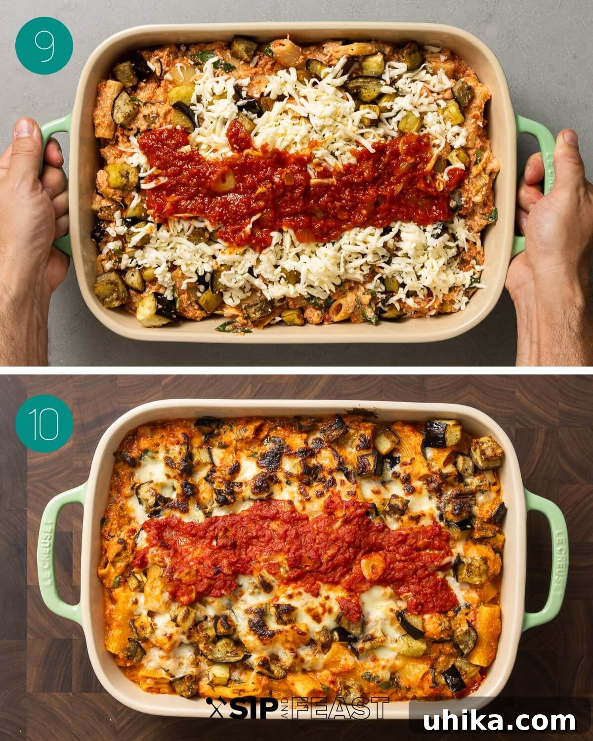 Roasted Eggplant Pasta Bake 8 Collage of process shots for baked eggplant pasta, showing the assembled dish with mozzarella cheese and sauce on top before baking.
