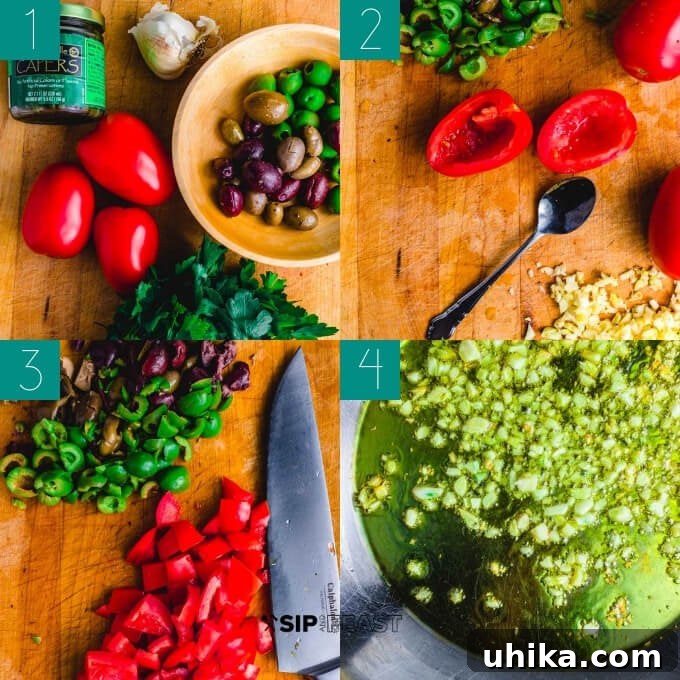 Ingredient Preparation for Pan Seared Swordfish Sauce A collage showing prepped ingredients like chopped tomatoes, olives, and minced garlic, alongside garlic being sautéed in a pan.