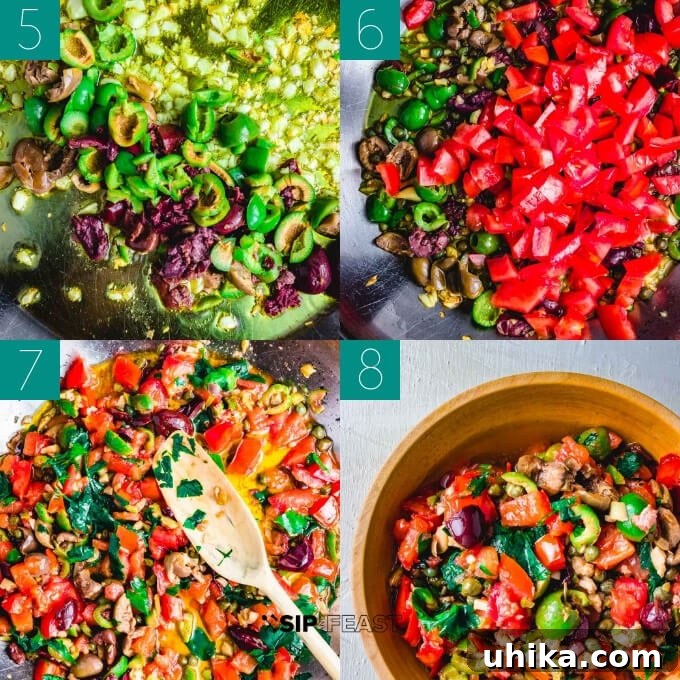 Sauce Preparation for Pan Seared Swordfish Step-by-step images illustrating the process of preparing the olive and caper sauce in a pan.