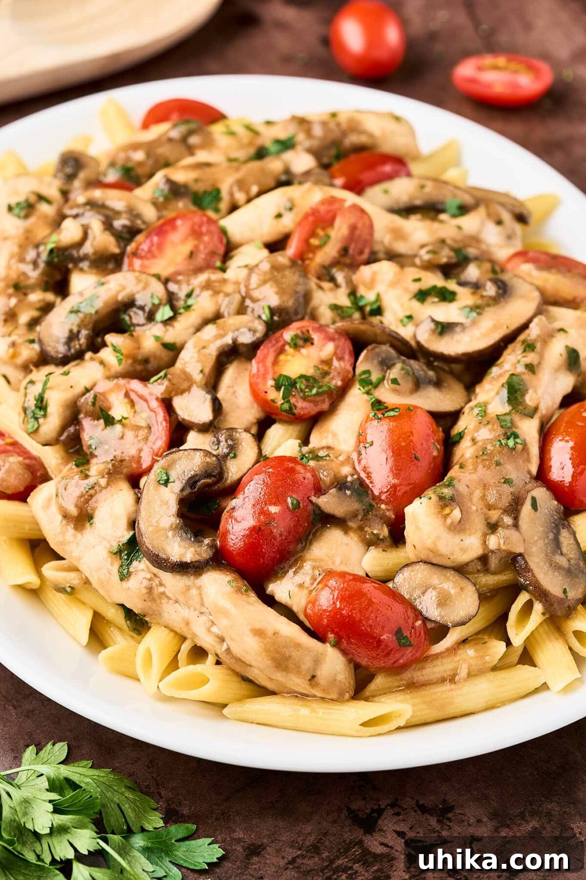 Creamy Marsala Chicken Pasta with Burst Tomatoes 7 A serving platter of penne pasta topped with chicken Marsala with fresh tomatoes, garnished with chopped parsley.