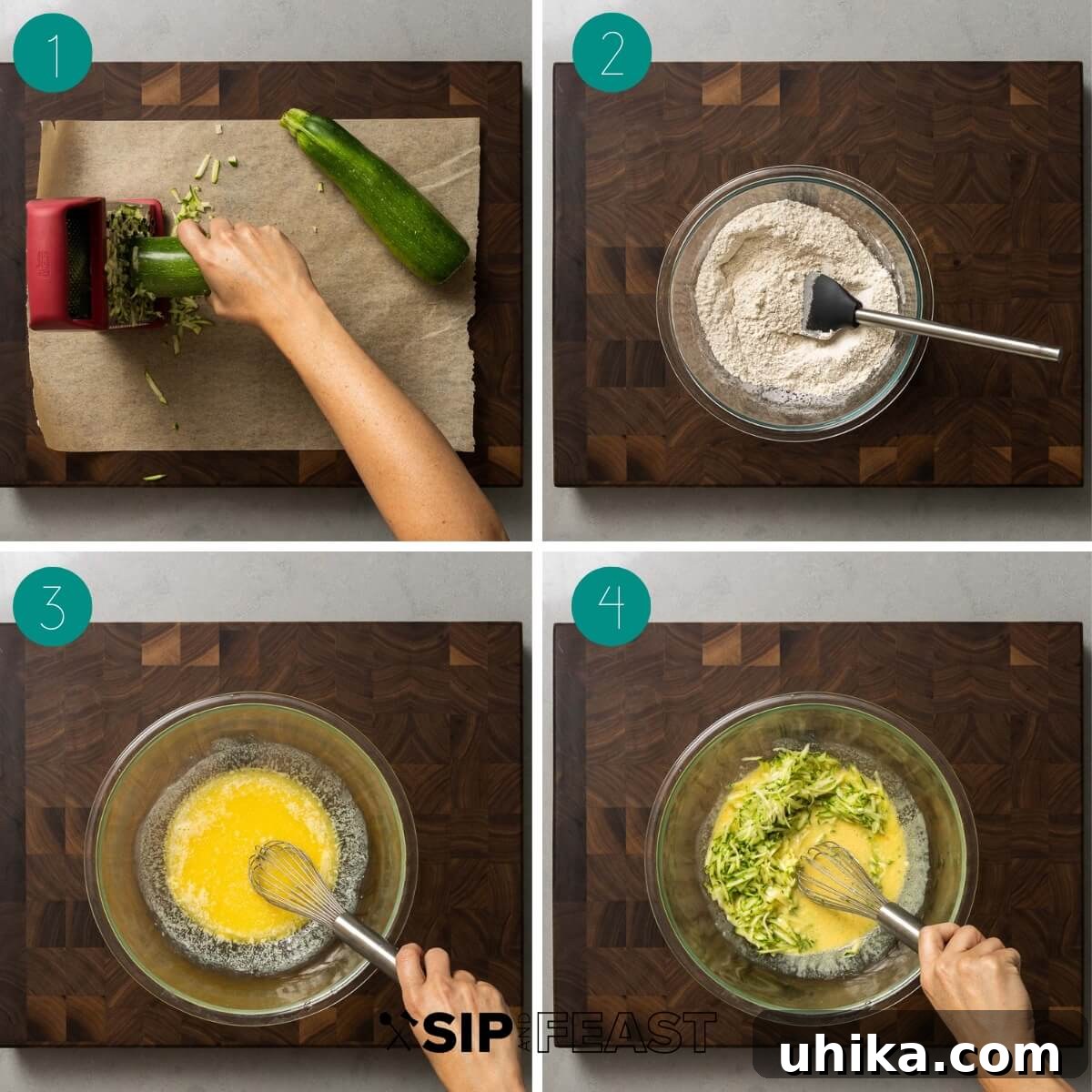 Moist Zucchini Loaf 4 Zucchini bread recipe process shot collage group number one, showing initial steps of preparation.