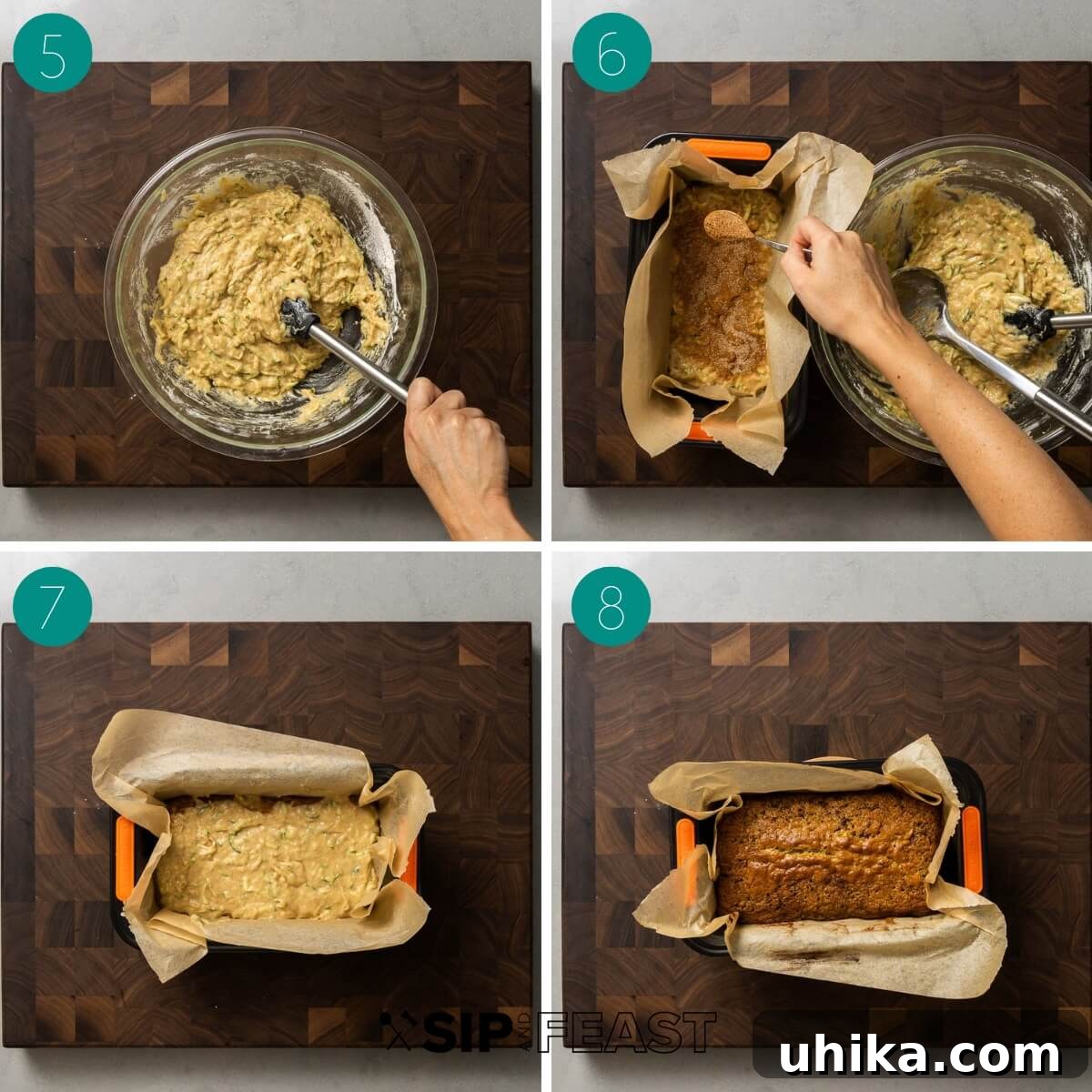 Moist Zucchini Loaf 5 Recipe process shot collage group number two, illustrating the layering of batter and filling.
