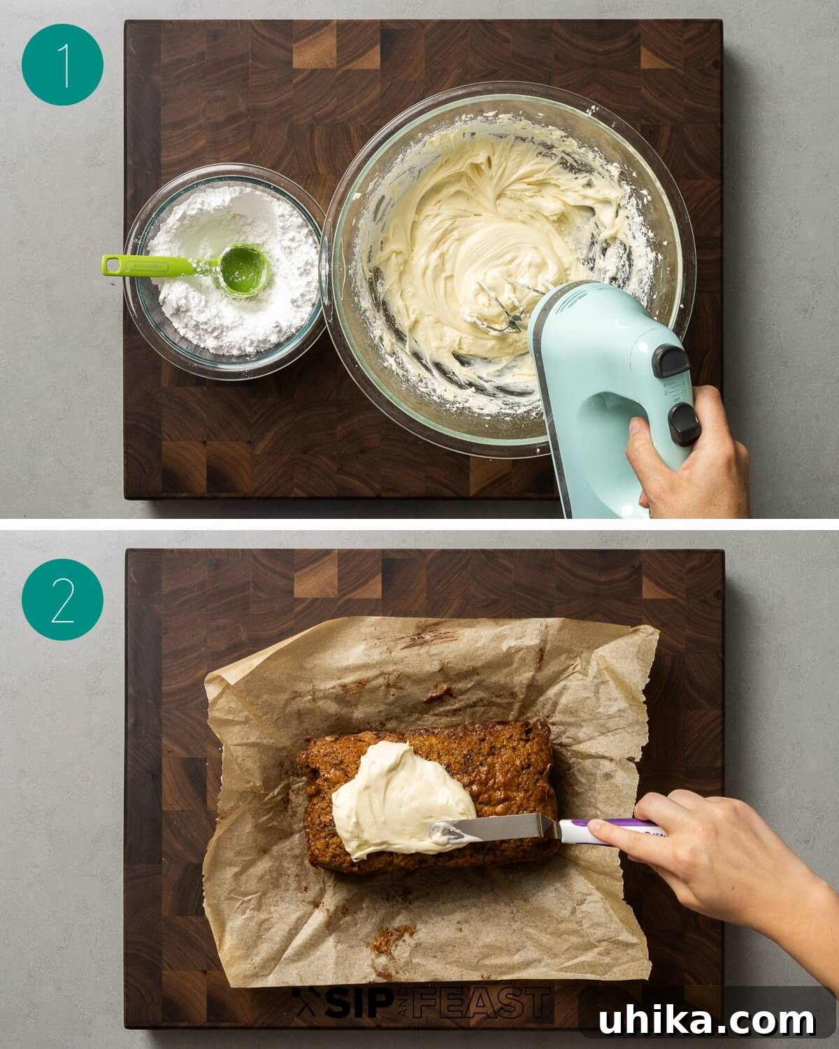 Moist Zucchini Loaf 6 Cream cheese frosting for zucchini bread process shot collage, showing the creamy texture.