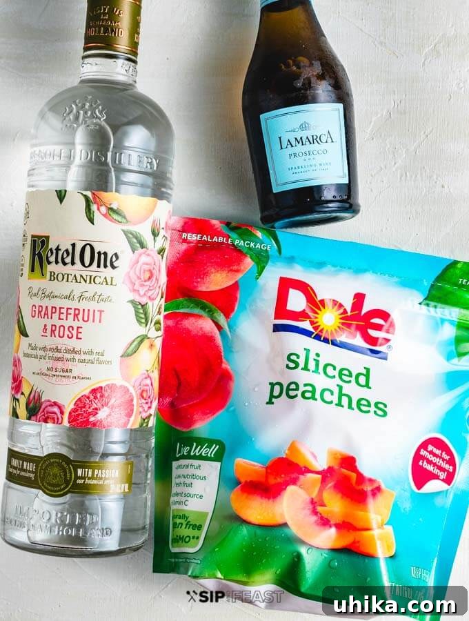 Peach Bellini Ingredients All the essential ingredients for a sophisticated Peach Bellini: luscious sliced peaches, crisp Prosecco, and a bottle of exquisite grapefruit rose vodka.