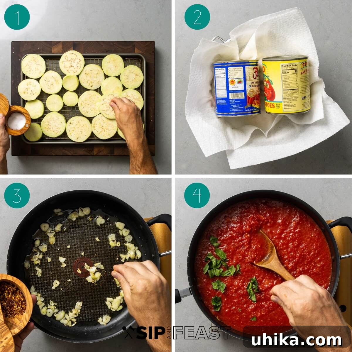 Golden Baked Eggplant Parmesan 4 Eggplant parmigiana Neapolitan style process shot collage group number one.