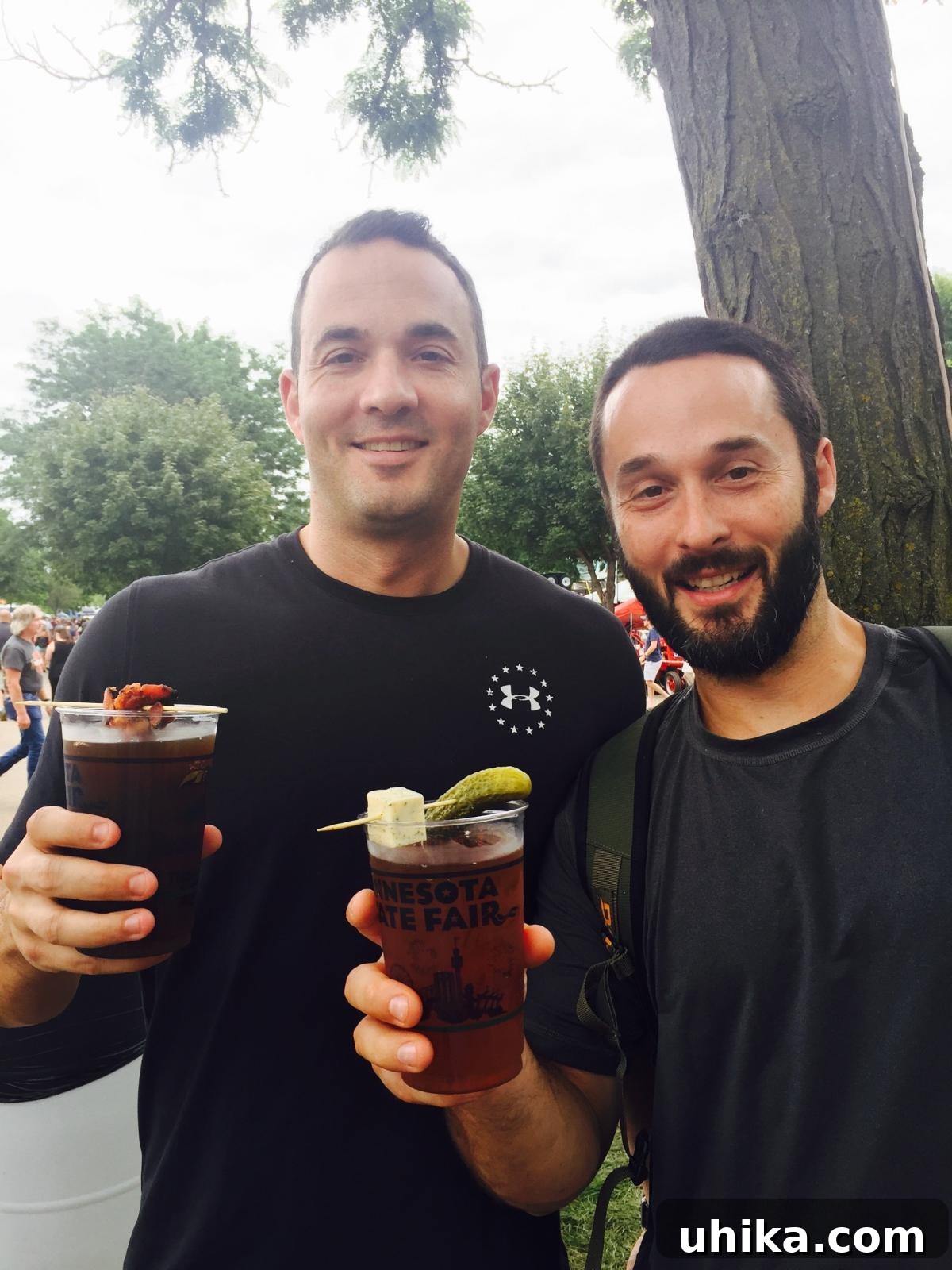 The Sip and Feast Podcast 13 - Breaking Free From Food Fears 2 Minnesota state fair pic with my brother and I holding beers with pickle and bacon.