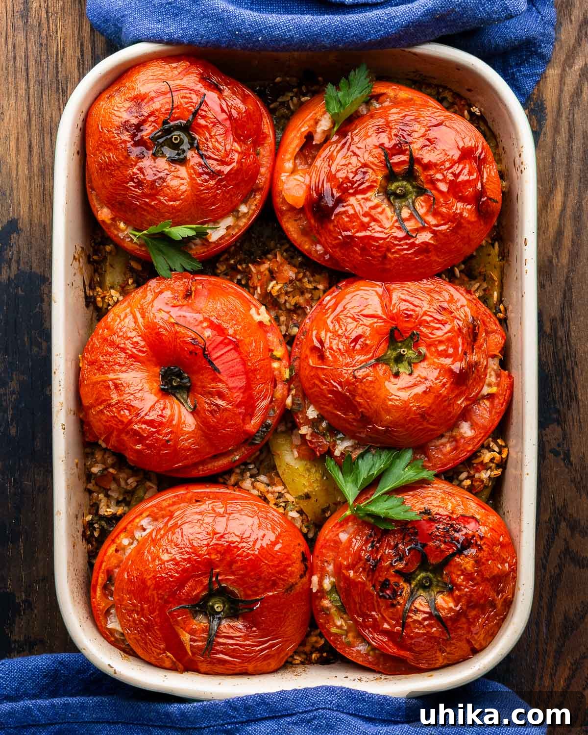 Sun-Drenched Roman Stuffed Tomatoes 2 Roman stuffed tomatoes in baking dish, ready to be served.
