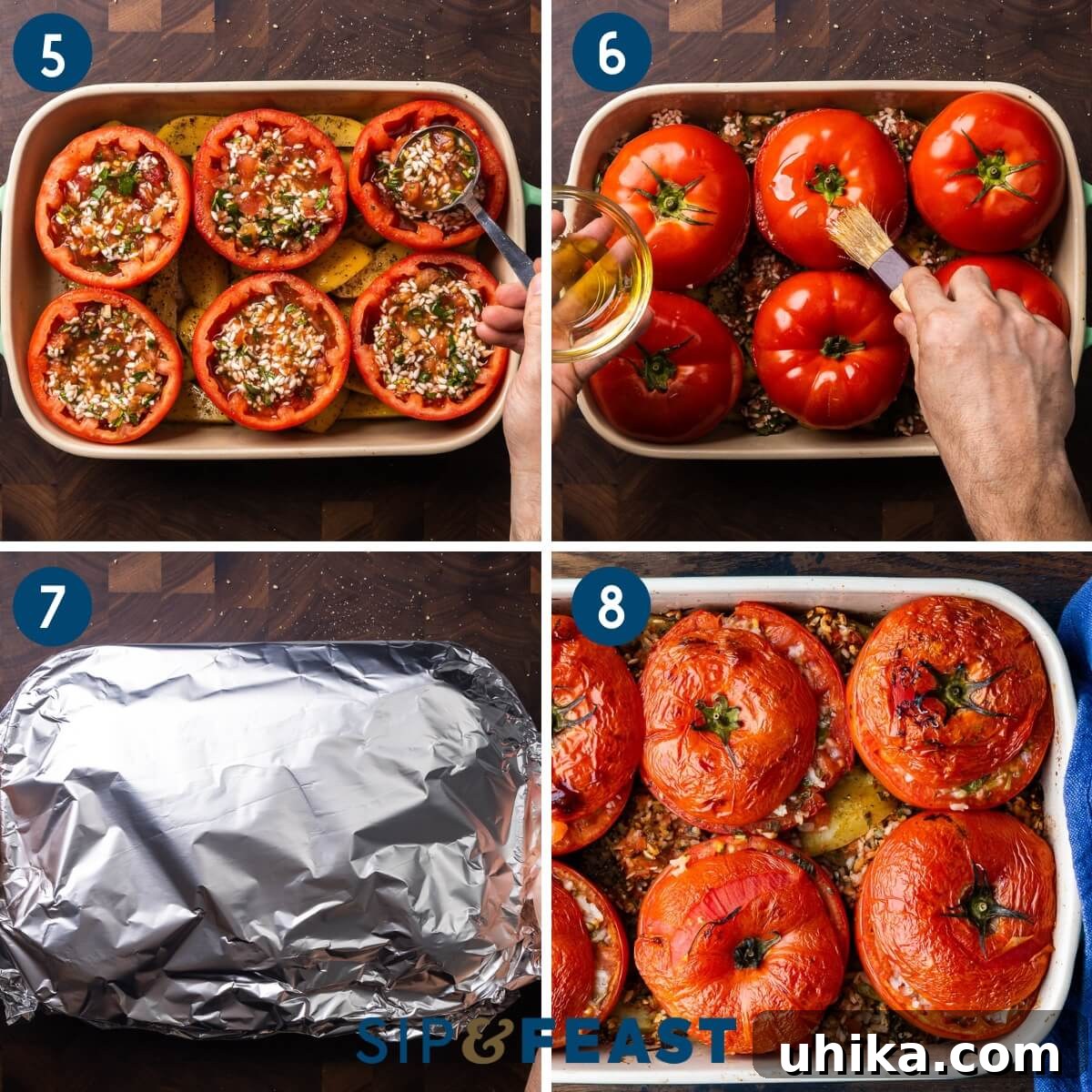 Sun-Drenched Roman Stuffed Tomatoes 6 Recipe process shot collage two showing stuffed tomatoes on top of potatoes in a baking dish before and after baking.