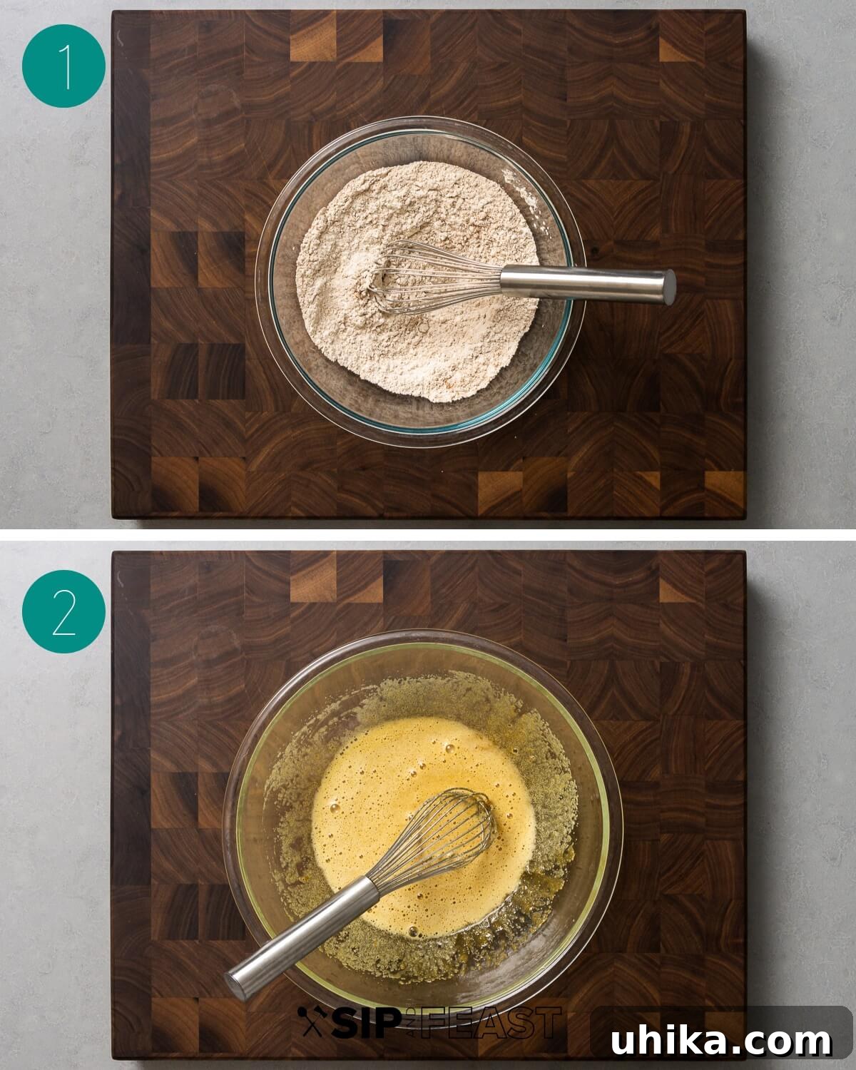 Golden Pumpkin Spice Bread 4 Chocolate chip pumpkin bread recipe process shot collage group number one: showing dry ingredients being mixed and wet ingredients being combined.